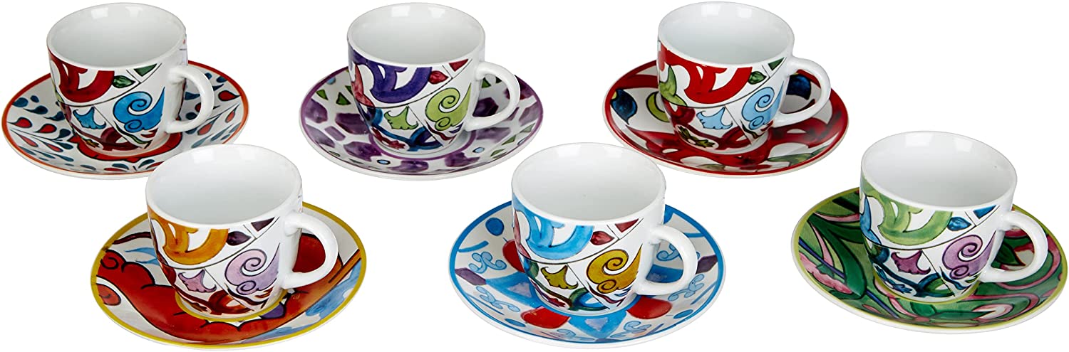 Tazzine caffe' con piattino, serie Lisbona, set 6 pezzi, multicolore cod.62715